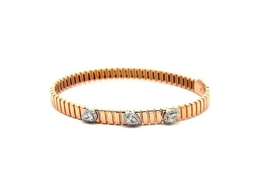 18K Rose Gold Rigid Bangle Bracelet with Three Natural Pear-Shaped Diamonds Surrounded by Round Diamonds